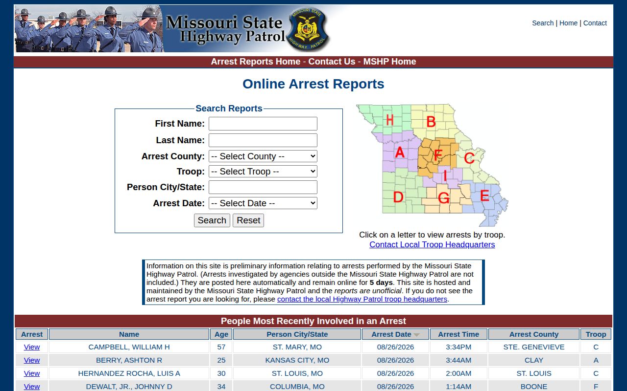 New Madrid County recent arrest lookup on the Missouri State Highway Patrol form